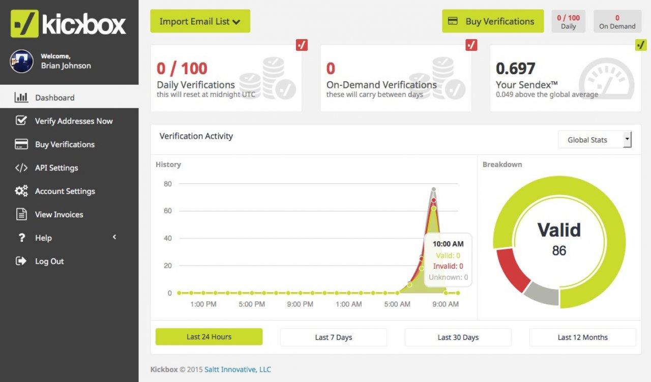 Screenshot of the Kickbox.io interface