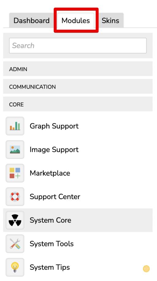 Left Hand Menu : Modules