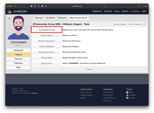Click the Change Server Plan button