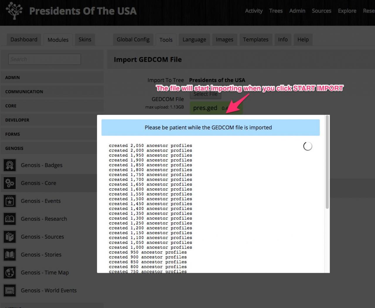 be patient while the .ged file imports
